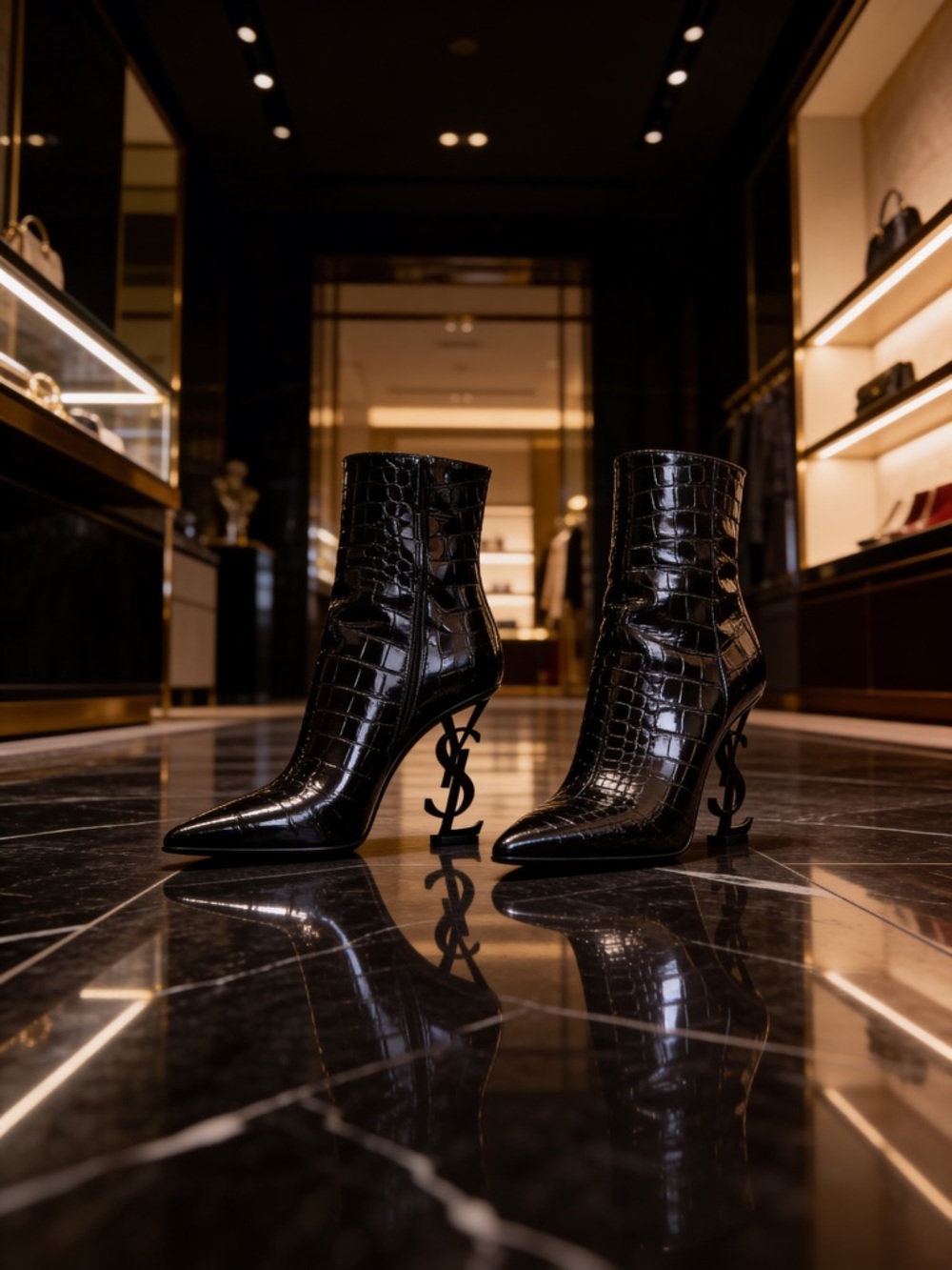 Saint Laurent Black Croc-Embossed Patent Leather YSL-Heel Ankle Boots - Picture 4 of 6